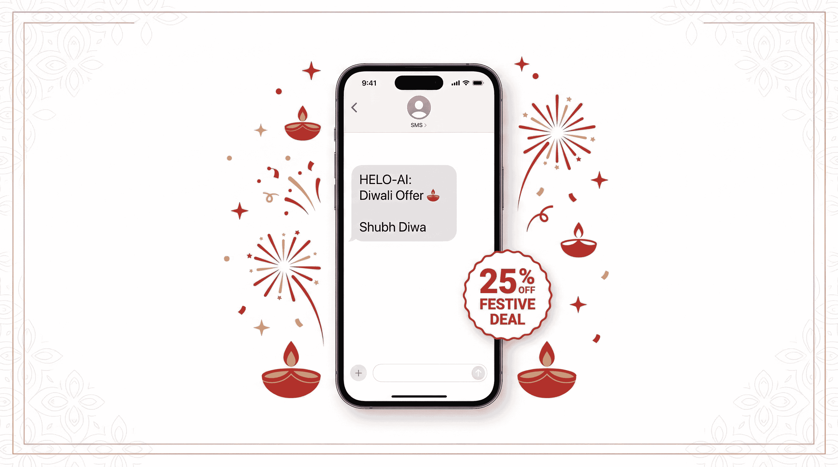 festival promotional SMS mockup with 25% off coupon, fireworks and diya icons